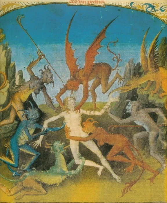 Ilustrace padlých andělů útočících na člověka z rukopisu.