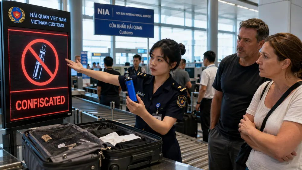 Vietnamsí celník zabavuje elektronickou cigaretu na letišti.