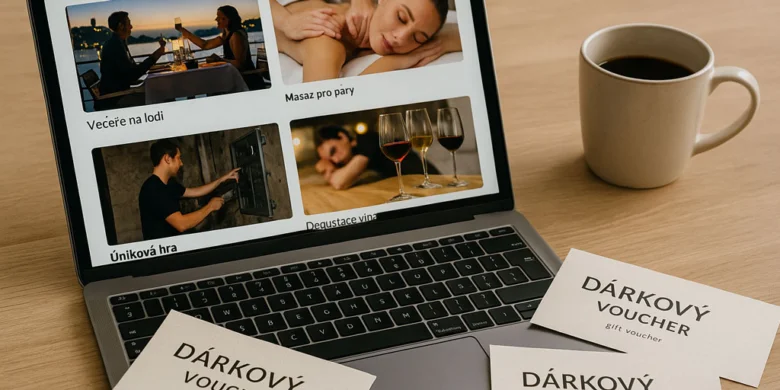 Laptop s dárkovými poukazy pro originální zážitky na stole.