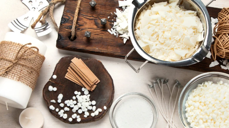 Suroviny na výrobu svíček včetně knotů vosku a koření.