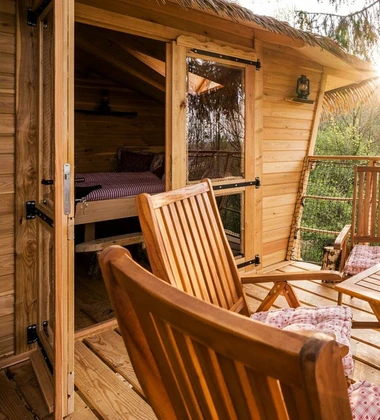 Wooden cabin interior and porch