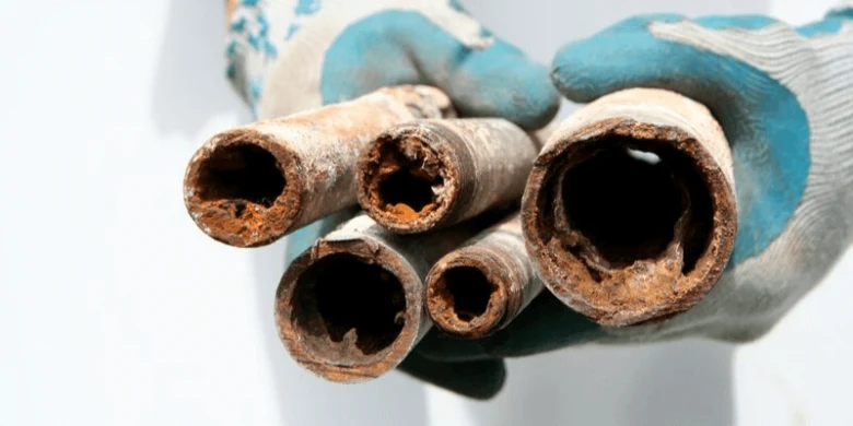 Rusty iron pipes held in a protective work glove.