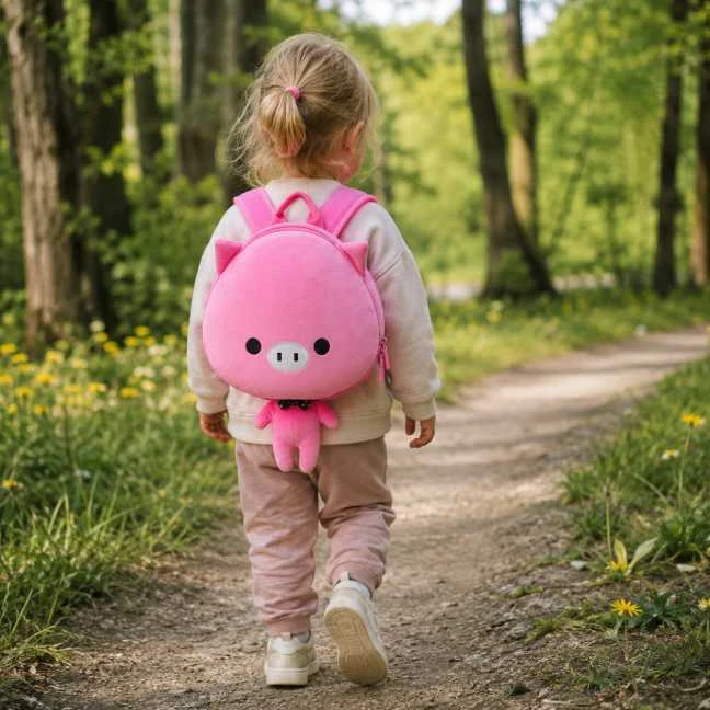 Dívka s růžovým batohem v tvare prasátka chodí lesní cestou.
