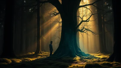 Osamělá postava stojí před obrovským stromem v mlhavém lese.