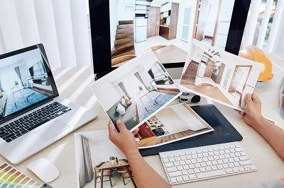 Architekt pracuje s plány na stole u počítače.