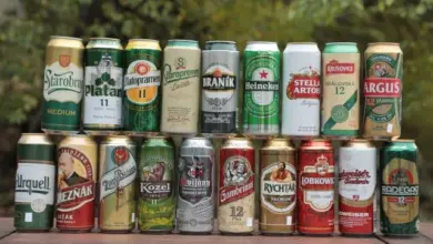 Různé české pivo v plechovkách na dřevěném stole venku.