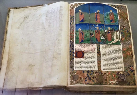 Otevřená iluminovaná rukopisná kniha s biblickou scénou.