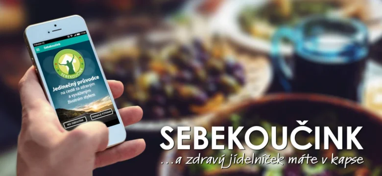 Ruka drží telefon s aplikací pro sledování stravy.