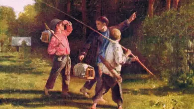 Muži sbírající houby v lese s košíky.
