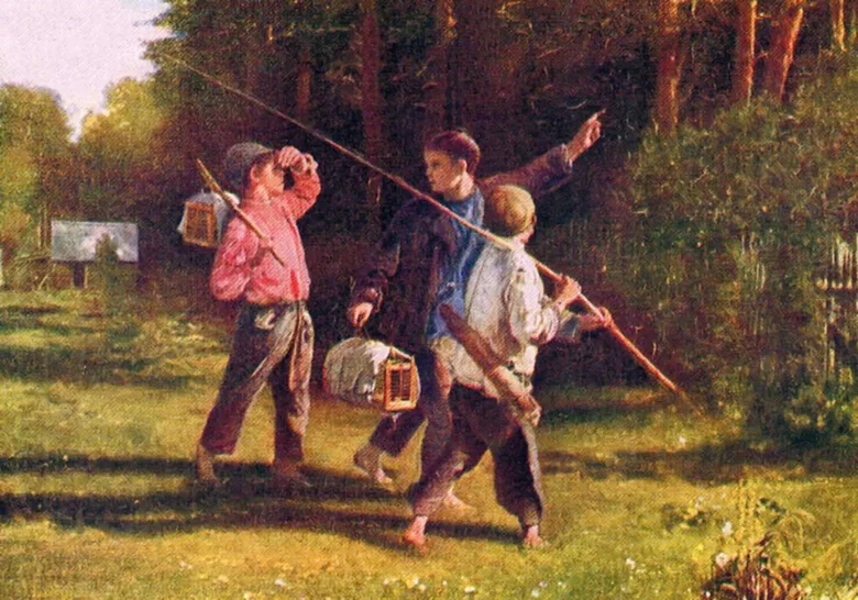 Muži sbírající houby v lese s košíky.