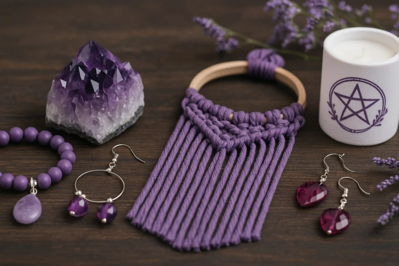 Fialové krystaly, šperky a sušená lavanda na dřevěném povrchu.