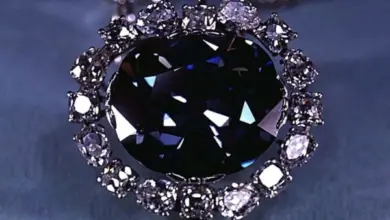 Velký modrý diamant v náhrdelníku s menšími bílými kameny.