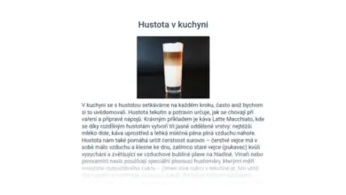 Fotografie vrstveného kávy Latte Macchiato s českým vysvětlením hustoty.