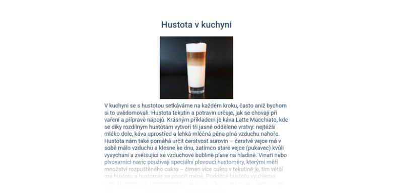 Fotografie vrstveného kávy Latte Macchiato s českým vysvětlením hustoty.